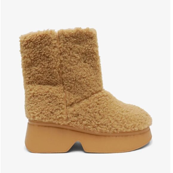 Shearling Wedge Boot Faux Fur Platform Ankle Boots Sherpa Furry Tan Brown Size 6 - Picture 1 of 10